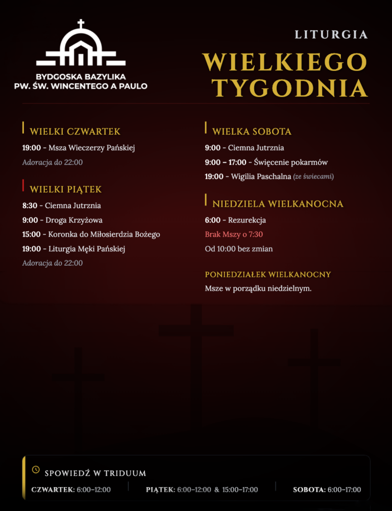 Liturgia Wielkiego Tygodnia 2026 – Harmonogram Nabożeństw i Spowiedzi